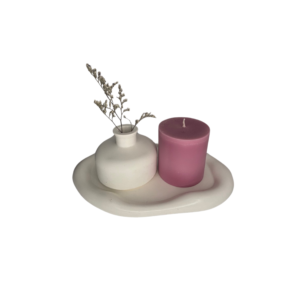White Cloud Eco Resin Candle Holder Plate and vase with small Pink Lotus Flower candle - 3 Piece Set