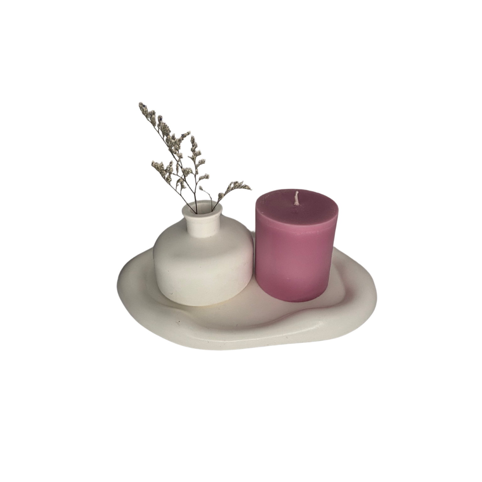 White Cloud Eco Resin Candle Holder Plate and vase with small Pink Lotus Flower candle - 3 Piece Set