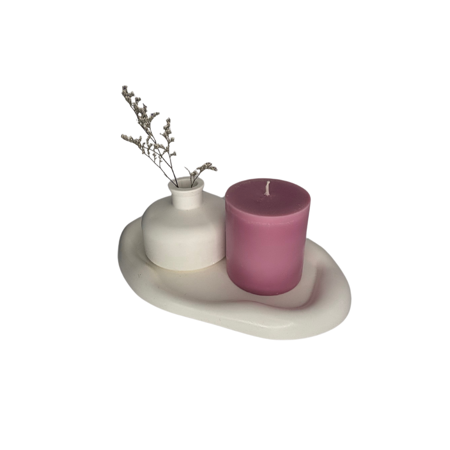 White Cloud Eco Resin Candle Holder Plate and vase with small Pink Lotus Flower candle - 3 Piece Set