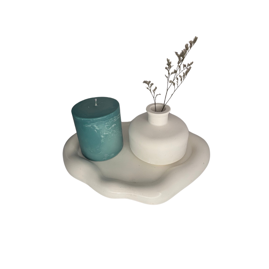 White Cloud Eco Resin Candle Holder Plate and vase with small Amalfi Coast candle - 3 Piece Set